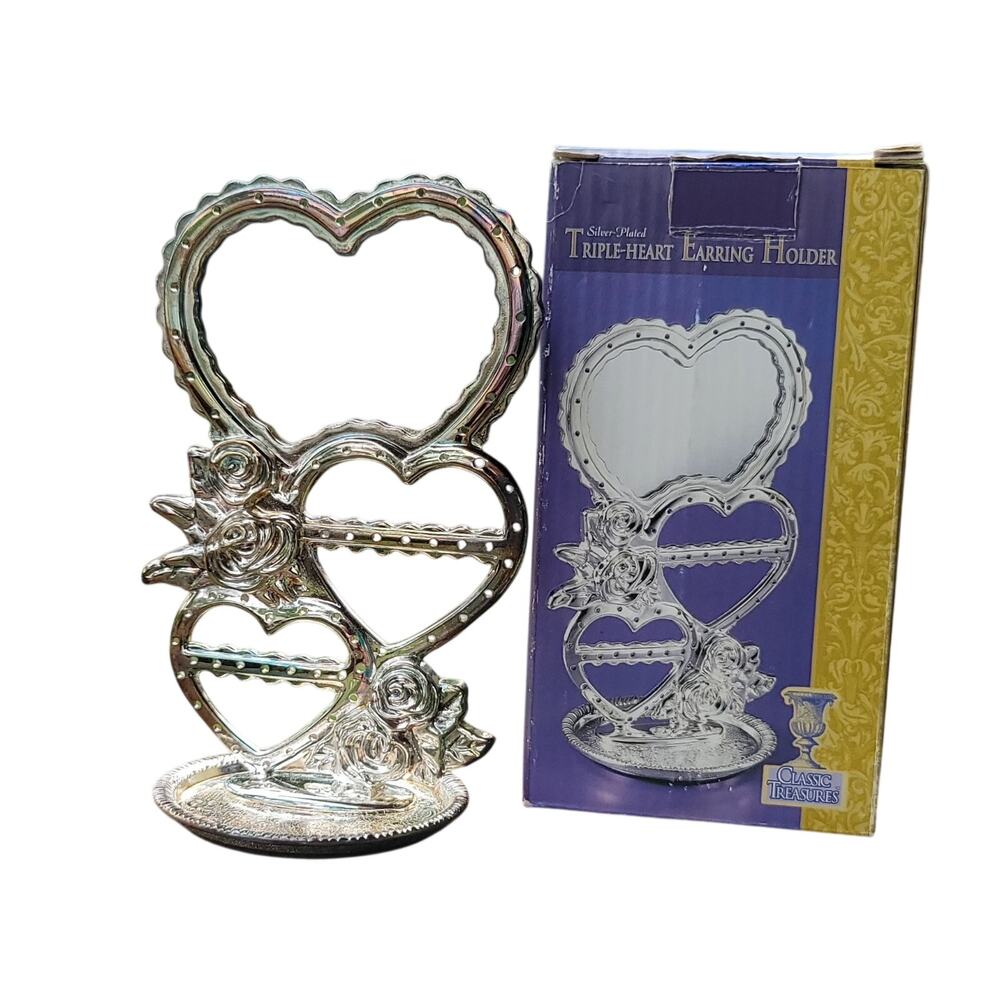 Vintage Triple Heart Earring Holder & Mirror - Silver Plated